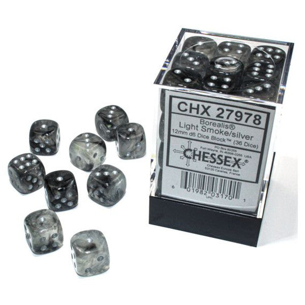 Chessex Manufacturing Borealis Luminary Dice Light Smoke Silver 12mm D6 Cube 36