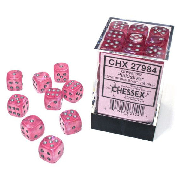 Chessex Manufacturing Borealis Luminary Dice Pink Silver 12mm D6 Cube 36 Main image
