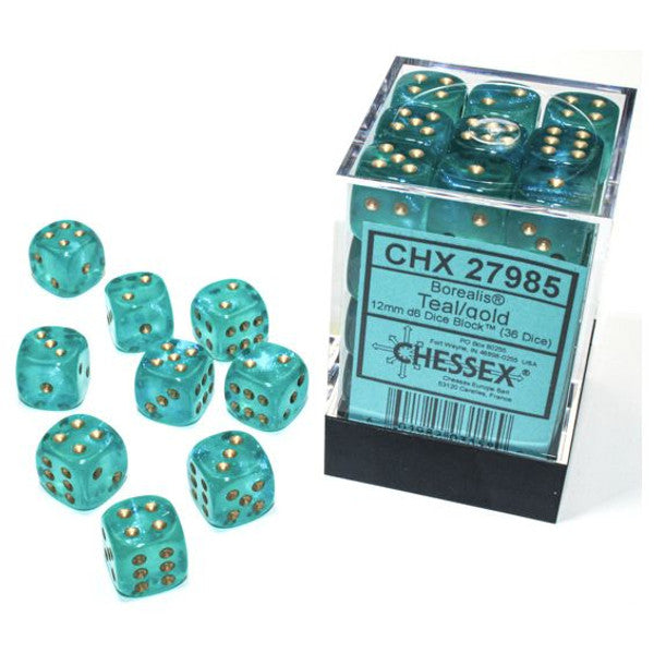 Chessex Manufacturing Borealis Luminary Dice Teal Gold 12mm D6 Cube 36