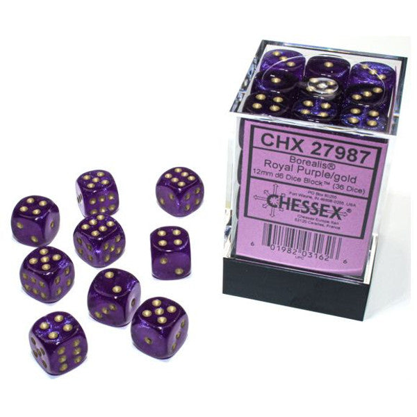 Chessex Manufacturing Borealis Luminary Dice Royal Purple Gold 12mm D6 Cube 36