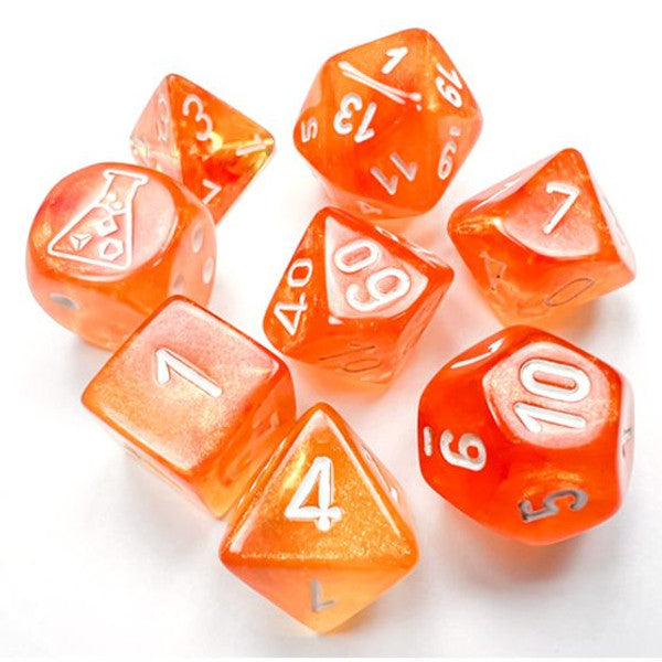 Chessex Manufacturing Lab Dice Borealis Luminary Blood Orange White Numbers