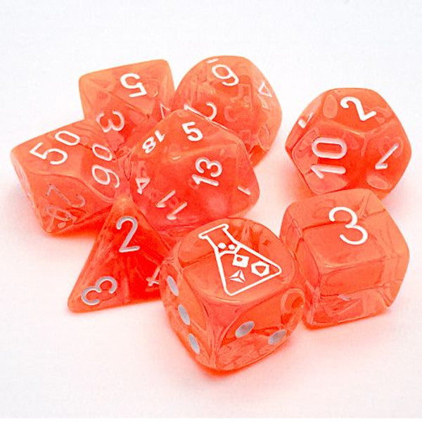 Chessex Manufacturing Translucent Neon Orange White Numbers 8pc Dice Set Main image