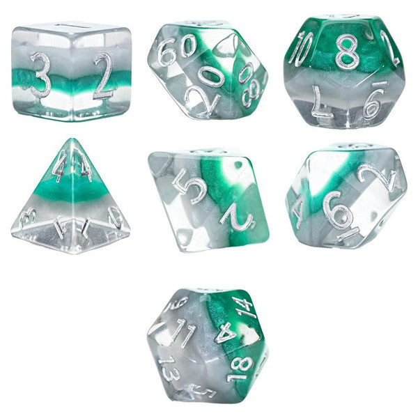 Gate Keeper Games 7-Set Cube Eclipse Dice Elven Silver Green Polyhedral