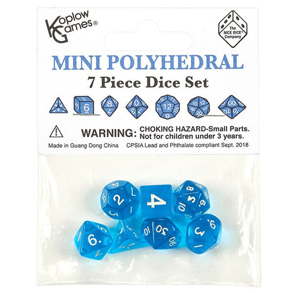 Koplow Mini Translucent Blue and White Dice 7-Piece Set