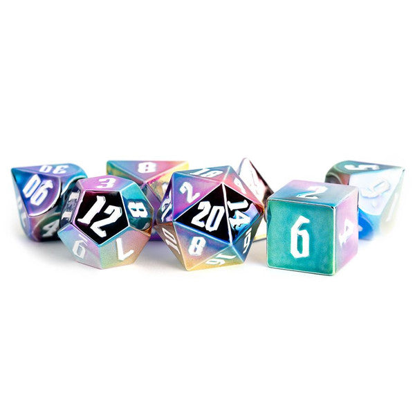 FanRoll by MDG Metal Aegis Rainbow with White Numbers Dice Set 16mm
