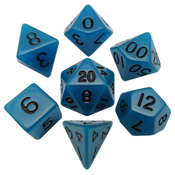 FanRoll by MDG 7-Set 16mm Glow in the Dark Blue Polyhedral Dice Set Main image