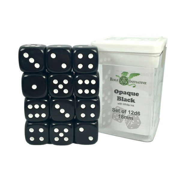 Role 4 Initiative D6 Cube 18mm Opaque Black White Pips Set of 12 Dice
