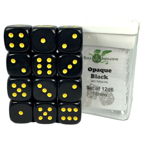 Role 4 Initiative D6 Cube 18mm Opaque Black Yellow Pips Set of 12 Dice