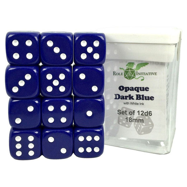 Role 4 Initiative D6 Cube 18mm Opaque Dark Blue White Pips Set of 12 Dice Main image