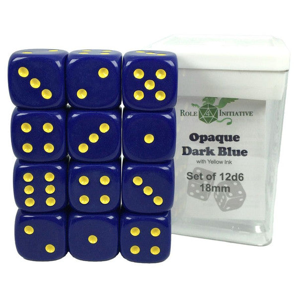 Role 4 Initiative D6 Cube 18mm Opaque Dark Blue Yellow Pips Set of 12 Dice