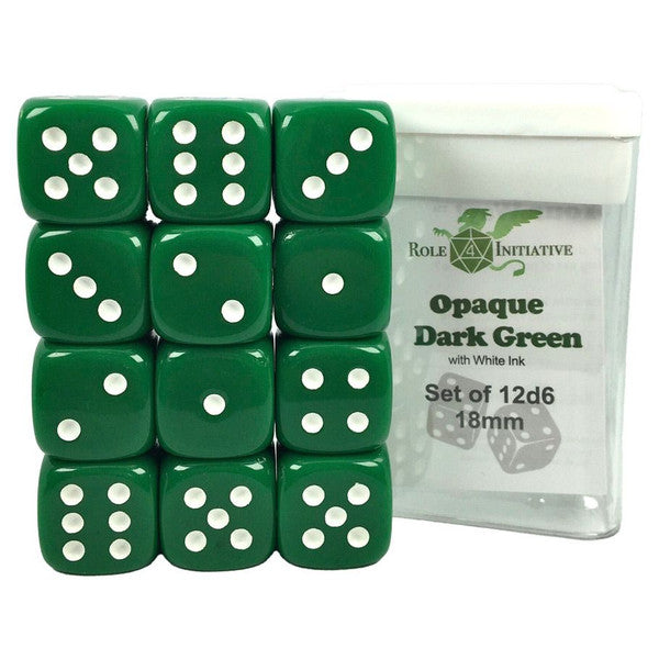 Role 4 Initiative D6 Cube 18mm Opaque Dark Green White Pips Set of 12