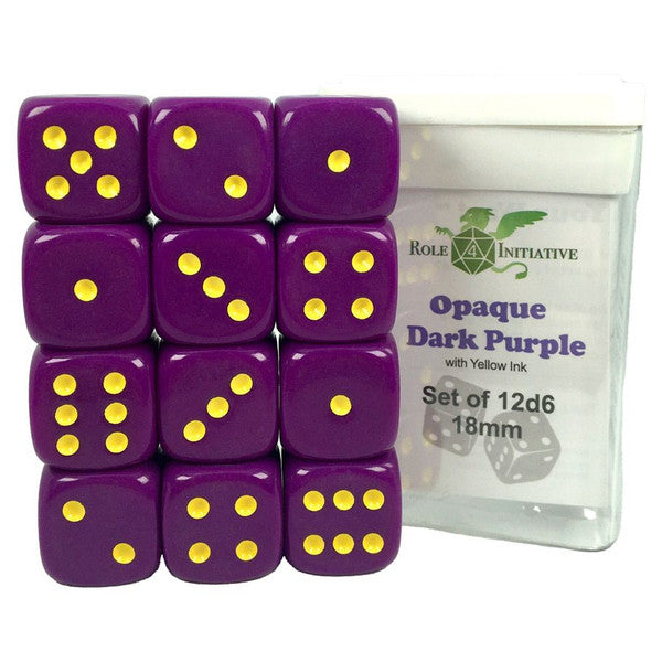 Role 4 Initiative D6 Cube 18mm Opaque Dark Purple Yellow Pips Set of 12