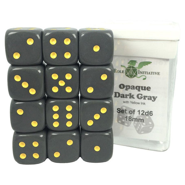 Role 4 Initiative D6 Cube 18mm Opaque Dark Gray Yellow Pips Set of 12