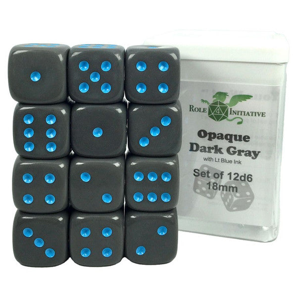 Role 4 Initiative D6 Cube 18mm Opaque Dark Gray Light Blue Pips Set of 12