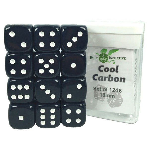 Role 4 Initiative D6 Cube 18mm Cool Carbon Opaque White Pips Set of 12 Main image