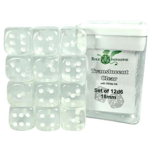 Role 4 Initiative D6 Cube 18mm Translucent Clear White Pips Set of 12