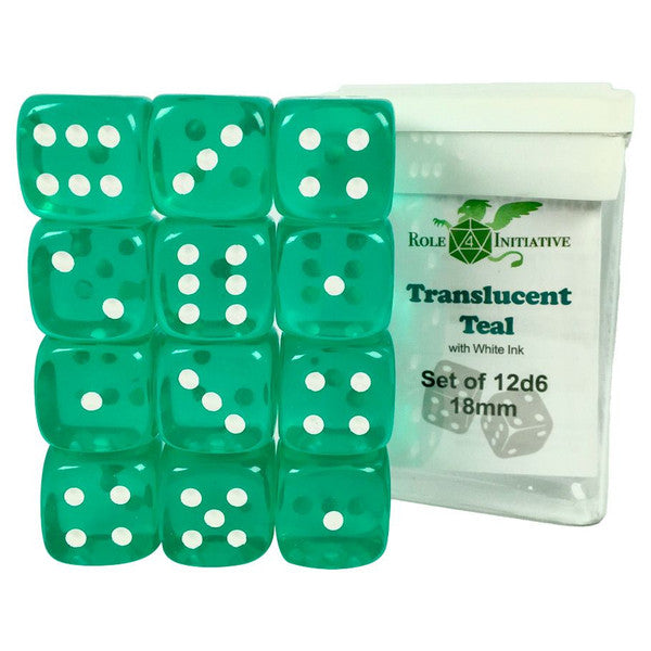 Role 4 Initiative D6 Cube 18mm Translucent Teal White Pips Set of 12 Main image