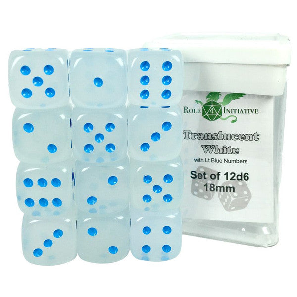 Role 4 Initiative D6 Cube 18mm Translucent White Black Pips Set of 12
