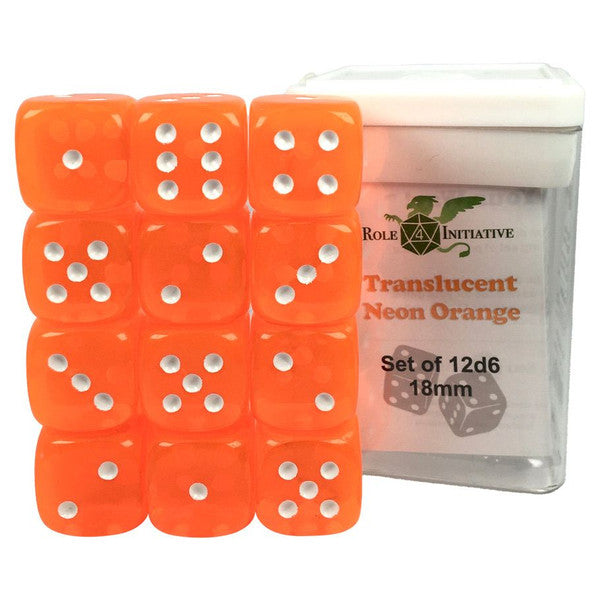 Role 4 Initiative White D6 Cube 18mm Translucent Neon Orange 12 Dice