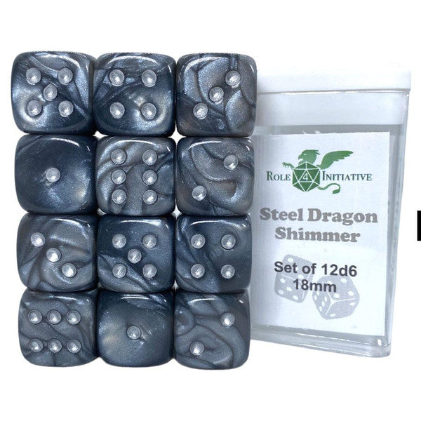 Role 4 Initiative Shimmer D6 Cube 18mm Steel Dragon 12 Dice Main image
