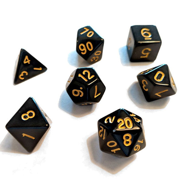 Sirius Dice 7-Set Opaque Resin Black Dice Set Gold Numbers Main image